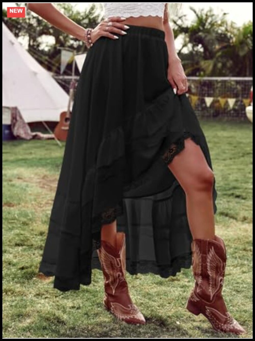 Women's Boho Asymmetrical Ruffle Lace Maxi Skirt High Low Cowgirl - Picture 3 of 5